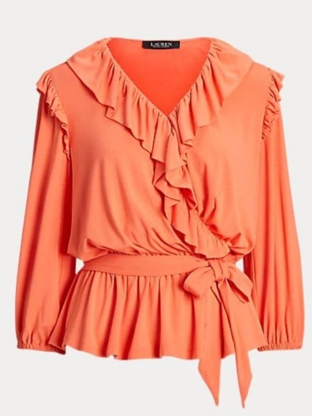 Ralph Lauren Top Blouse Peplum Belted Jersey V Neck Ruffle Tie Coral Size L